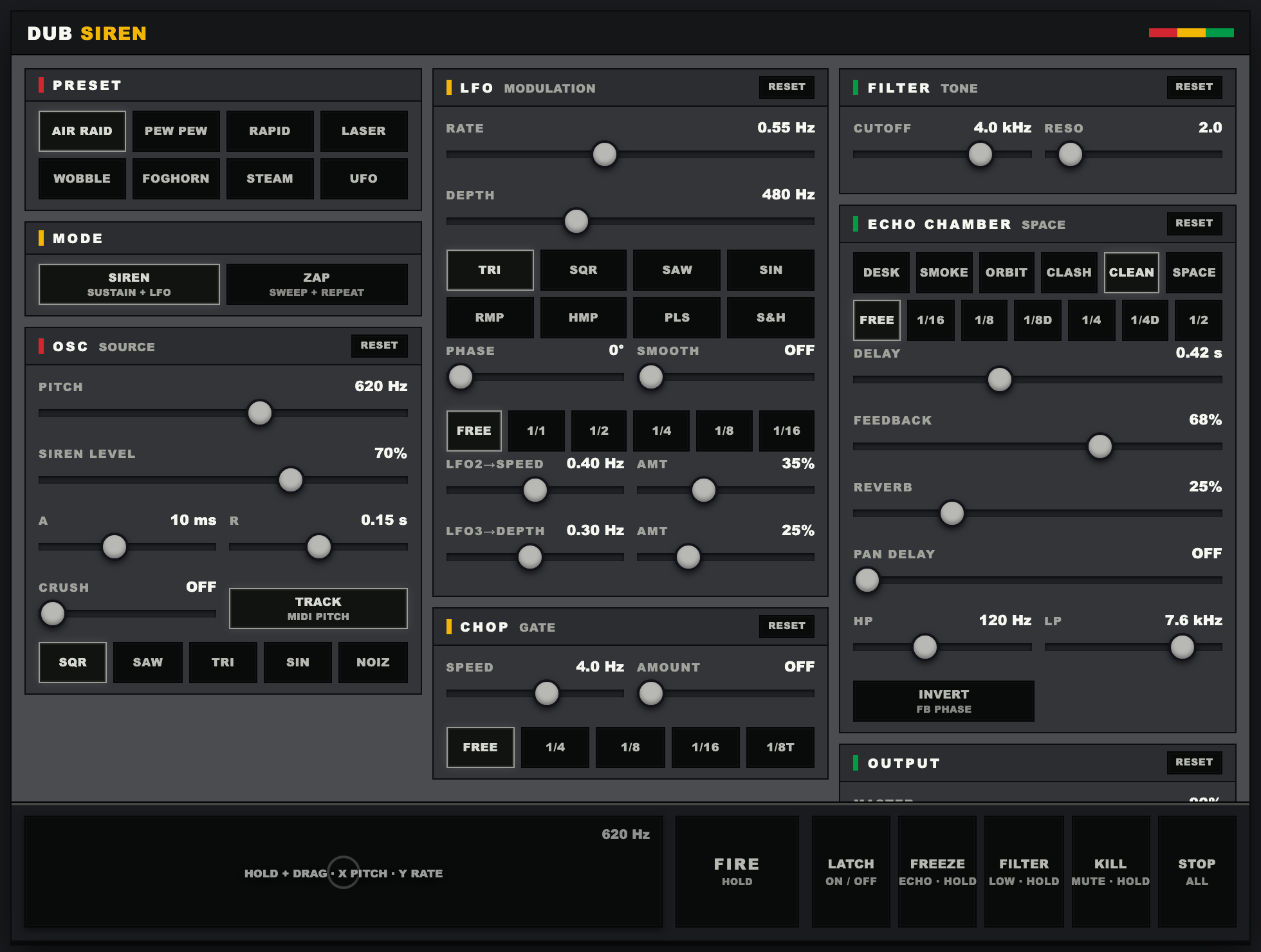 DUB SIREN シンセ版のプラグイン画面